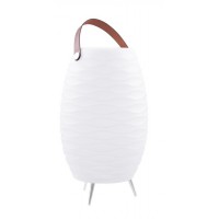 BOOMBOX Venkovní přenosná lampa, těleso plast opál, LED 5W, 400lm, teplá 3000K, dálkovým ovladačem stmívatelná, RGBW, na baterie, USB nabíjení, IP44, rozměry d=220mm, h=560mm, Bluetooth reproduktor.