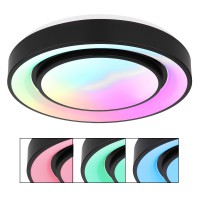 SULLY Stropní svítidlo, těleso kov, povrch černá mat a bílá mat, dif plast opál, LED 24W, CCT nastav teplota teplá 3000K-denní 6500K pomocí ovl, 2500lm, RGB, stmív., 230V, IP20, tř.1, rozměry d=380mm, h=75mm.
