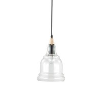 GRETEL Závěsné svítidlo, základna kov, povrch černý mat, dekor. přírodní dřevo, sklo čiré, pro žárovku 1x60W E27, 230V, tř.1, IP20, rozměry d=200mm, závěsný kabel s černou textilií l=500-1450mm, lze zkr.