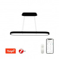 HIPODROMO Závěsné svítidlo, kov, bílá/černá, dif plast opál, LED 42W, 2940lm, smart TUYA, Matter, Zigbee 3.0, dálk ovl. (souč.) nebo tel.  CCT nast teplota teplá 2700K - denní 6500K, stmív., 230V, IP20, 1200x40x300mm, závěs lanko l=1200mm.