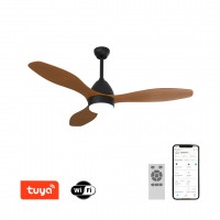 FRESCO Stropní ventilátor s osvětlením, kov, povrch černá, lopatky dřevo/bílá, dif plast opál, LED 18W, smart TUYA, WiFi, dálk ovl. nebo mob. tel. CCT nastav. teplota teplá 3000K-denní 6000K, 230V, IP20, tř.1, rozměry d=1200mm, h=540mm