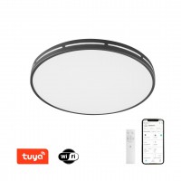 VISTAS Stropní svítidlo, těleso kov, černá, dif plast opál, LED 24W, 1680lm, smart TUYA, WiFi, dálk ovl. (součástí) nebo mob. telefonem CCT nast teplota teplá 2700K - denní 6500K, stmív, 230V, IP20, rozměry d=420mm, h=60mm.