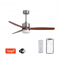 ELEGANTE Stropní ventilátor s osvětlením, kov, povrch stříbrná, lopatky dřevo, dif plast opál, LED 18W, smart TUYA, WiFi, dálk ovl. nebo mob. tel. CCT nastav. teplota teplá 3000K-denní 6000K, 230V, IP20, tř.1, rozměry d=1320mm, h=520mm