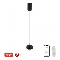 DORMINE Závěsné svítidlo, kov, černá, sklo čiré, LED 6W, 480lm, smart TUYA, Matter Zigbee 3.0, dálk ovl. (souč.) nebo tel.  CCT nast teplá 2700K - denní 6500K, stmív., 230V, IP20, d=100mm, závěs lanko l=1500mm, lze zkr, svítí nahoru/dolů.