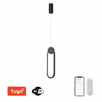 OVALE Závěsné svítidlo, kov, černá, dif plast opál, LED 22W, 1470lm, smart TUYA, WiFi, dálk ovl. Beacon (souč.) nebo tel.  CCT nast teplota teplá 2700K - denní 6500K, stmív., 230V, IP20, 120x406mm, závěs lanko l=1200mm, lze zkr.