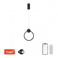 OVALE Závěsné svítidlo, kov, černá, dif plast opál, LED 18W, 1260lm, smart TUYA, WiFi, dálk ovl. Beacon (souč.) nebo tel.  CCT nast teplota teplá 2700K - denní 6500K, stmív., 230V, IP20, d=260mm, závěs lanko l=1200mm, lze zkr.