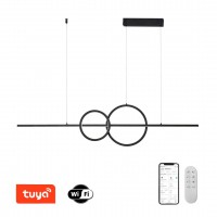 RONDAS Závěsné svítidlo, kov, černá, dif plast opál, LED 56W, 3920lm, smart TUYA, WiFi, dálk ovl. (souč.) nebo tel.  CCT nast teplota teplá 2700K - denní 6500K, stmív., 230V, IP20, 1313x60mm, závěs lanko l=1500mm.