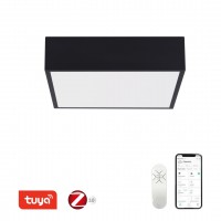 CANTO Stropní svítidlo, těleso kov, černá/bílá, dif plast opál, LED 22W, 1610lm, smart TUYA, Matter, Zigbee 3.0., dálk ovl. (součástí) nebo mob. tel. CCT nast teplota teplá 2700K - denní 6500K, stmív., 230V, IP20, rozměry 280x280x70mm.