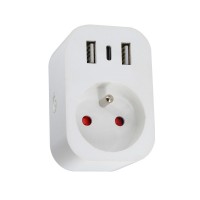 LITE Zásuvkový adaptér plast bílá, 230V, 16A, IP20, 1x zásuvka typu E, 2x USB-A, 1x USB-C, ovládání smart systémem Tuya WiFi, rozměry 76x50x76mm.