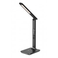 KINGFISHER Stolní lampa, plast, imitace kůže bílá, černá, LED 8,5W, 450lm, dotyk. CCT nastav teplota teplá 2700K--denní 5500K, stmív. display čas, datum, teplota, budík, 12V, IP20, 182x139x360mm, bezdrátové nabíjení telefonu, USB QI 10W