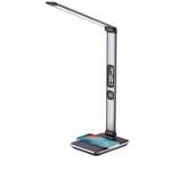 HERON Stolní lampa, vyklápěcí rameno, těleso plast, šedá, LED 8,5W, 504lm, dotyk. CCT nastav teplota 2900K- denní 6000K, stmív., 12V, IP20, 183x140x430mm, bezdrátové nabíjení telefonu USB Qi 10W, USB port.