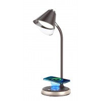FINCH Stolní lampa, kov, hnědá se zlatými detaily/šedá se stříbrnými detaily, LED 9W, 450lm, dotyk. CCT nastav teplota 3000K- denní 6000K, stmív. ve 3 krocích, 12V, IP20, 128x120x425mm, bezdrátové nabíjení tel, USB Qi 10W