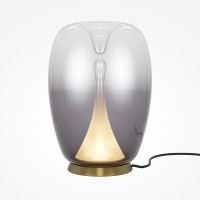 HOEMRO TL 15W Stolní lampa, základna kov, povrch saténová zlatá, stínítko sklo čiré/kouřové, LED 15W, 360lm, teplá 3000K, Ra80, 230V, IP20, tř.2, rozměry d=200mm, h=272mm.