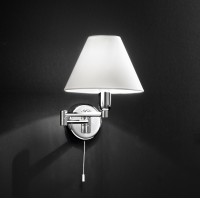 DOME HOTEL Nástěnné svítidlo, dvě ramena, otočná, základna kov, povrch chrom lesk/zlatá lesk, stínítko textil bílá, pro žárovku 1X40W, E14, IP20, rozměry d=220mm, 250x330mm, vč vypínače.