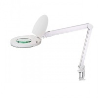 CLOSE Stolní lampa, flexibilní rameno, materiál plast, povrch bílá, sklo čiré s lupou 3x zvětšení, LED 12W, teplá 3000K, 1050lm, stmívatelné, 230V, IP20, rameno 470x400mm, vypínač na tělese, úchyt svěrka.