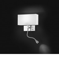 PARA HOTEL Nástěnné svítidlo, základna kov, povrch chrom lesk, stínítko textil bílá, pro žárovku 1x40W, E14, bodovka nastavitelný směr svícení LED 1W, teplá 3000K, 90lm, IP20, rozměry 360x460x300mm, vč vypínače na tělese vpravo/vlevo.