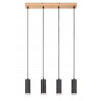 TORAS Závěsné bodové svítidlo, základna dřevo, těleso kov, povrch černá, difuzor plast opál, pro žárovku 4x5W, GU10, 230V, IP20, tř.1, rozměry šířka l=600mm, d=60mm, vč. závěs kabelu l=1500mm, lze zkrátit.