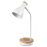 MOSLEY Stolní lampa, základna dřevo světlé, těleso a stínítko kov, povrch bílá, pro žárovku 1x25W, E14, dotyk stmívač, Ra80, 230V, IP20, tř.2, rozměry d=110mm, h=430mm, vč. Bezdrátové nabíjení telefonu a USB připojení.