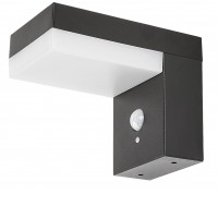 ZREBAR Nástěnné venkovní svítidlo, senzor pohybu, záběr 90°, dosah 8m, těleso kov, povrch černá, dif plast opál, LED 6W, neutrální 4000K, 450lm, napájení 3,7V baterie, IP44, tř.3, rozměry 95x125x165mm.