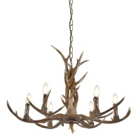 STAG Lustr imitace paroží, materiál pryskyřice, povrch lak hnědá zašlá, pro žárovku 6x7W, E14, 230V, IP20, tř.1. 6 ramen, rozměry d=800mm h=520mm, včetně závěsu l=1120mm, lze zkrátit