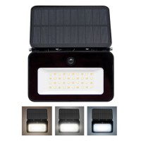 WL913 Venkovní nástěnné svítidlo, senzor pohybu, záběr 120°, dosah 6m, těleso kov, povrch černá, difuzor plast opál, LED 6W, 660lm, přepín. CCT teplá 3000K/neutrální 4000K/denní 6500K, napájení solární panel, IP65, rozměry 143x98x21mm.