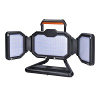 LED reflektor Montážní lampa, přenosný reflektor, plast, oranžovočerná, LED 30W/50W, neutrální 4000K, 3st stmívání - 100%/50%20%, Ra80, vyzař úhel 120°, napájení akumulátor Li-lon, výdrž 2-10 hod, USB dobíjení, IP54, rozměry 470x240x90mm.