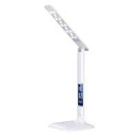 LED LAMP Stolní lampa, nastavitelný sklon svícení, materiál plast, bílá, LED 6W, dotykový vypínač, stmívatelná, CCT nastav teplota svícení teplá 3000K neutrální denní 6000K, 230V, IP20, 150x150x330mm, LED displej hodiny teplota