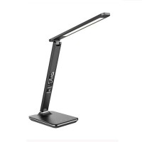 LED LAMP Stolní lampa,  materiál plast+kůže, povrch černá, hnědá, LED 9W, dotyk vypínač, stmívač, CCT nastav teplota svícení teplá 3000K, neutrální, denní 6000K, Ra80, 230V, IP20, LED hodiny