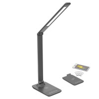 WO55-G Stolní lampa, vyklápěcí rameno, těleso kov, povrch šedá, LED 10W, 400lm, dotyk. CCT nastav teplota 3000K-6000K, stmív., 230V, IP20, 350x40x7mm, vč. bezdrátové nabíjení na telefon