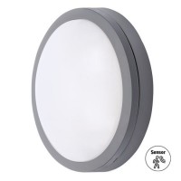 SIENA Stropní venkovní svítidlo, senzor pohybu HF, dosah 10m, čas 1min, těleso plast šedá, difuzor plast opál, LED 20W, 1500lm, neutrální 4000K, Ra80, 230V, IP54, rozměry d=230mm, h=73mm.