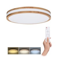 WOODY Stropní svítidlo, těleso kov bílé a dřevo světlé, dif plast opál, LED 48W/60W, dálk ovl. (součástí) lze nastavit CCT teplá 3000K - denní 6500K, stmív, 230V, IP20, rozměry dle typu.
