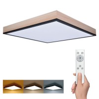WO802 Stropní svítidlo, rámeček dřevo světlé, difuzor plast opál, LED 40W, 3000lm, dálkovým ovladačem stmívatelné, CCT nast teplota teplá 3000K, - denní 6400K, Ra80, 230V, IP20, rozměry 450x450x75mm