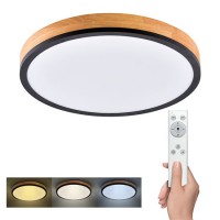 WO805 Stropní svítidlo, rámeček dřevo světlé, difuzor plast opál, LED 40W, 3300lm, dálkovým ovladačem stmívatelné, CCT nast teplota teplá 3000K, - denní 6400K, Ra80, 230V, IP20, rozměry d=450mm, h=80mm