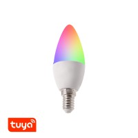 SMART LED Světelný zdroj, žárovka LED 5W, E14, pomocí app v telefonu Tuya WiFi, BT, lze nastavit teplotu CCT teplá 3000K - denní 6000K, stmívat, RGB, vyp/zap vyzař úhel 240°, Ra80, 230V, rozměry d=37mm, l=120mm