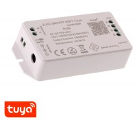 SMART WiFi Tuya driver RGB Kontroler přijímač pro ovládání LED pásků, ovládání telefonem smart systém Tuya, Wifi, 192W/12V, 240W/24V, RGB, stmívání PWM, zap/vyp, IP20, rozměry 100x47x23mm.