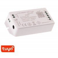SMART WiFi Tuya driver RGBW Kontroler přijímač pro ovládání LED pásků, ovládání telefonem smart systém Tuya, Wifi, 192W/12V, 240W/24V, RGBW, stmívání PWM, zap/vyp, IP20, rozměry 100x47x23mm.