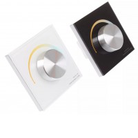 DIM CCT RF přijímač 4xx3A, 12V-24V Nástěnný betdrátový RF přijímač + otočný ovladač, pro stmívání a nastavení CCT teploty LED pásků, černý, nebo bílý, napájení 12V-24V, 4x3A, rozměry 86x86x50 mm