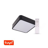 RENDO Stropní svítidlo, čtvercové, těleso kov, povrch bílá/černá, dif plast opál, LED 24W/36W/48W, dálk ovl, nebo smart telefon Tuya, WiFi, stmív, nast teplota CCT teplá 3000K - denní 6000K, Ra80, 230V, IP20, rozměry dle typu.