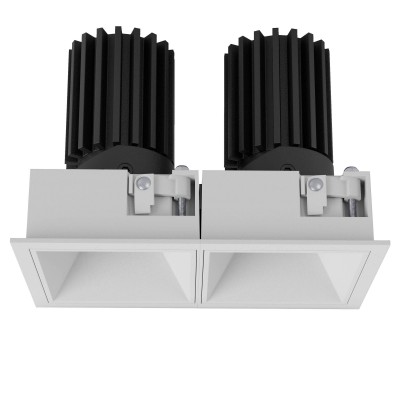 XRYO Podhledové bodové svítidlo, výklopné 30°, materiál hliník, povrch vnitřní bílá, rámeček bílá, LED 2x10W, 2x1350lm, teplá 3000K, Ra90, vyzař úhel 36°, 230V, IP40, tř.2, rozměry 138x73x97mm.