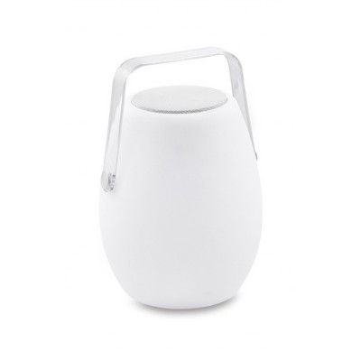 BOOMBOX Venkovní přenosná lampa, těleso plast opál, LED 10W, 800lm, teplá 3000K, ovladačem stmívatelná, RGBW, USB nabíjení, IP44, rozměry d=220mm, h=320mm, Bluetooth reproduktor.