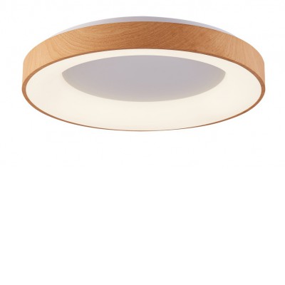 SANTANA Stropní, přisazené svítidlo, těleso hliník, povrch dřevo světlé, dif  plast opál, LED 80W, 4800lm, dálk. ovl. CCT nast. teplota teplá 3000K - 6000K, 230V, IP20, rozměry d=800mm, h=90mm.