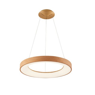 SANTANA Závěsné svítidlo, hliník. povrch dřevo světlé, dif plast opál, LED 80W, dálk. ovl. CCT nast. teplota teplá 3000K- denní 6000K, stmív, 230V, IP20, d=800mm, h=62mm, vč. závěs lanka l=1500mm, lze zkr.