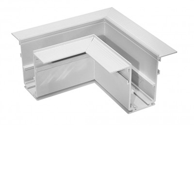 ALFA 48V Rohová L spojka 90°, horizontální odbočení, vestavného magnetického systému pro kolejnice velikosti 52mm, materiál hliník, povrch bílá, 48V, výška 27mm.