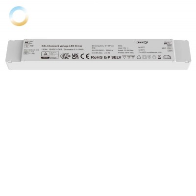 NZ 230V/12V, 24V, 150W DALI CCT flickerfree Stmínvatelný napákecí zdroj pro LED, flickerfree, vstup 230V, výstup 12V/12,5A, nebo 24V/6,25A, 150W, 12,5A, stmívatelný, nast teplota CCT, DALI/PUSH, 1-100%, IP20, rozměry 310x45x30mm, ochrana proti zkratu, přehřátí a přetížení