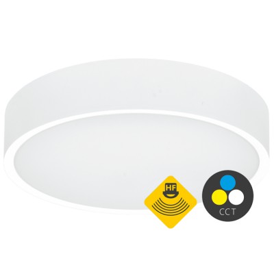 MONTGOME 15W HF senzor CCT Stropní svítidlo, senzor pohybu HF, záběr 360°, dosah 6m, čas sepnutí 5s-15min, kov, bílá, dif plast opál, LED 15W, 1650lm, přepín CCT teplá 3000K-neutrání 4100lm, 230V, IP65, tř.2, d=300mm, h=68mm.