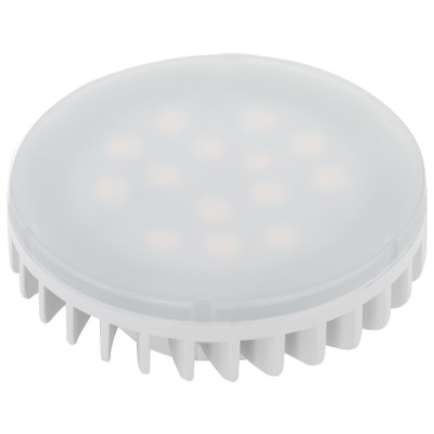 LM-GX53-LED VÝPRODEJ Světelný zdroj LED, zákl plast bílá, difuzor plast opál, LED 6W, GX53, teplá 3000K, 550lm, Ra80, 230V, stř život 15.000h, 15.000x zap/vyp, d=75mm h=27mm