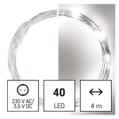 VR NANO řetěz, 40 LED, IP44, 4m Vánoční nano řetěz, venkovní/vnitřní, stále svítící, 40 LED, studená, svítící část l=4m, přívodní kabel stříbrná l=5m, vč. Adaptéru 230V, IP44, časovač 6h/18h nebo stále