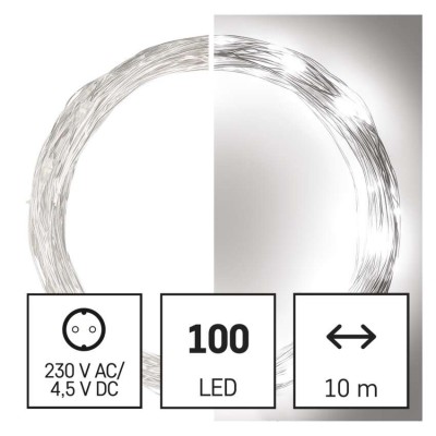 VR NANO řetěz, 100 LED, IP44, 10m Vánoční nano řetěz, venkovní/vnitřní, stále svítící, 100 LED, studená, svítící část l=10m, přívodní kabel stříbrná l=5m, vč. Adaptéru 230V, IP44, časovač 6h/18h nebo stále
