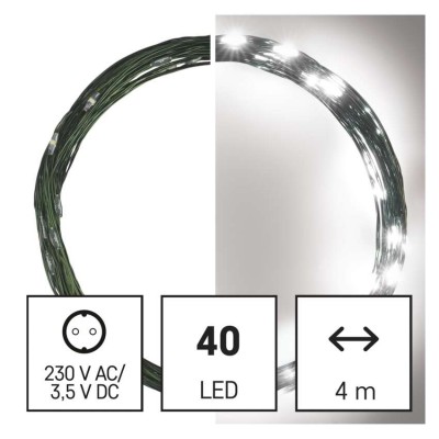 VR NANO řetěz, 40 LED, IP44, 4m Vánoční nano řetěz, venkovní/vnitřní, stále svítící, 40 LED, studená, svítící část l=4m, přívodní kabel zelená l=5m, vč. Adaptéru 230V, IP44, časovač 6h/18h nebo stále