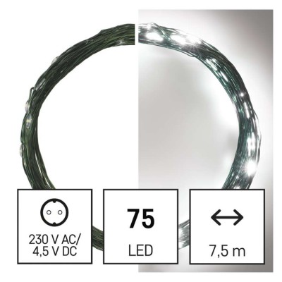 VR NANO řetěz, 75 LED, IP44, 7,5m Vánoční nano řetěz, venkovní/vnitřní, stále svítící, 75 LED, studená, svítící část l=7,5m, přívodní kabel zelená l=5m, vč. Adaptéru 230V, IP44, časovač 6h/18h nebo stále